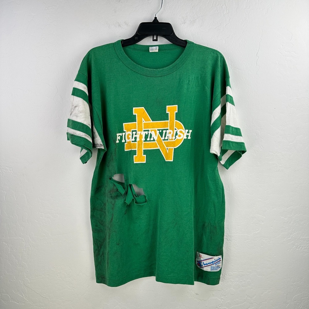 Vtg Champion Notre Dame T-Shirt XL Green Fightin Irish Distressed Thrashed USA